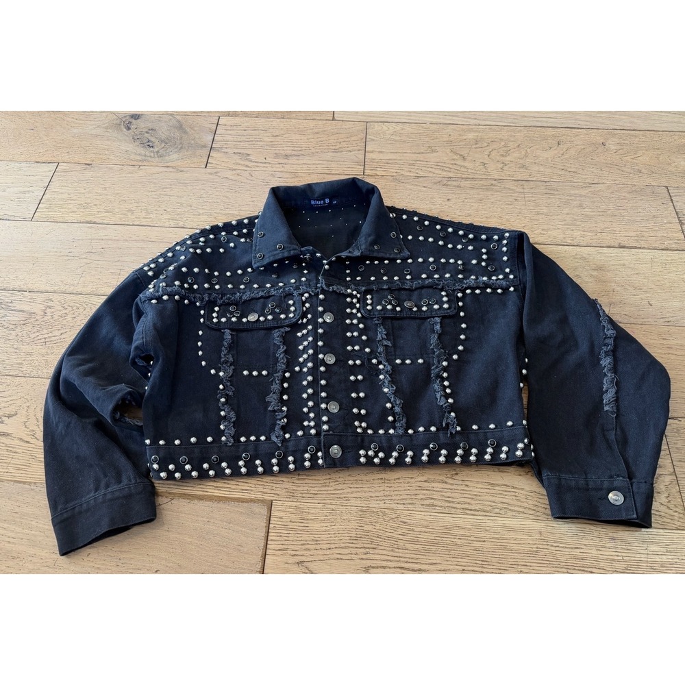 Blue B Collection Black Studded Distressed Cropped Denim Jacket S/M (500)‎
